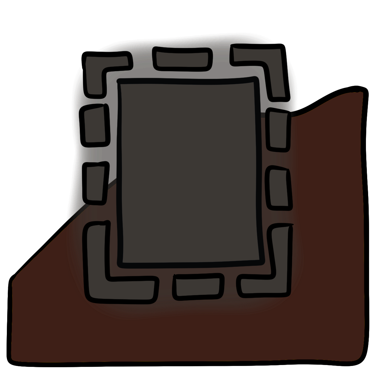 A dark gray glowing rectangle with a dashed line around it. Curved dark brown skin fills the bottom half of the background.